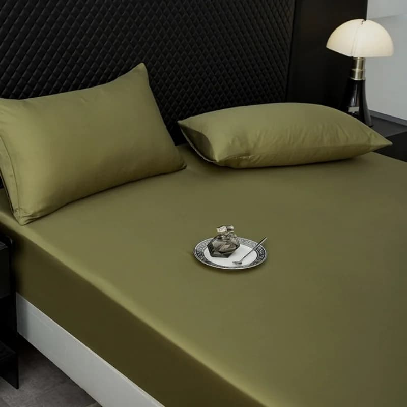 1 sheet with olive green corners in refreshing lyocell fiber, mattress cover with 360 elastic, silky bed linen for queen or king size bed.