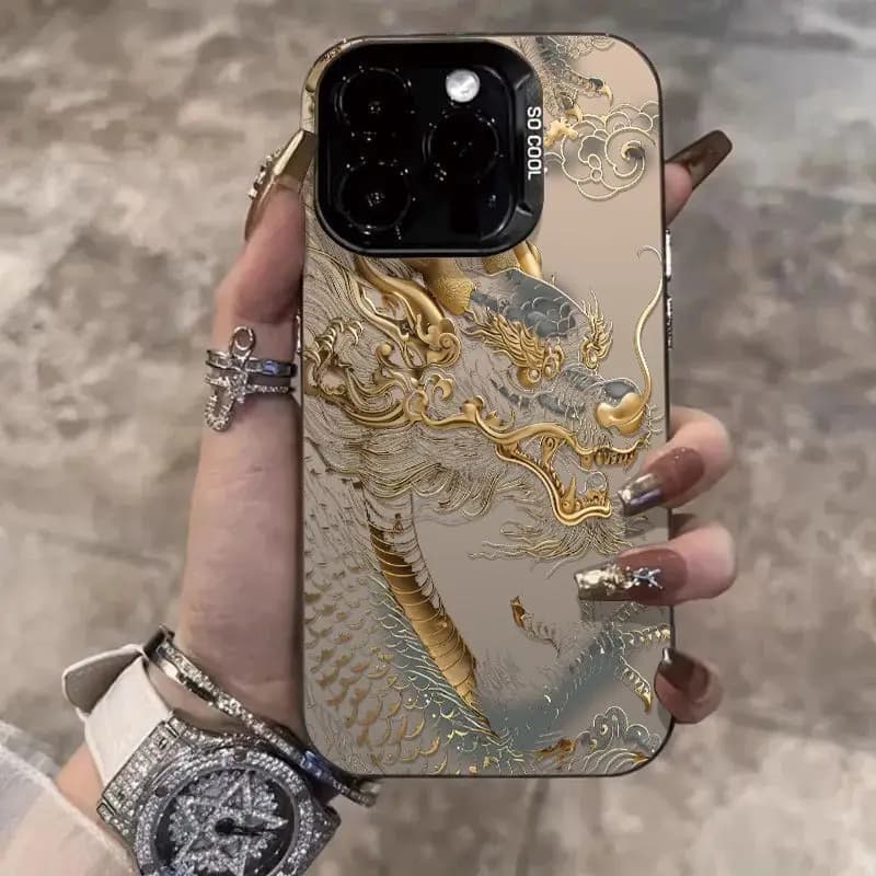 Super Cool Golden China Loong iPhone Case For iPhone 17 16 15 14 13 12 11 Pro Max XR XS MAX 7 8 PLUS MINI INS Luxury Matte Cover