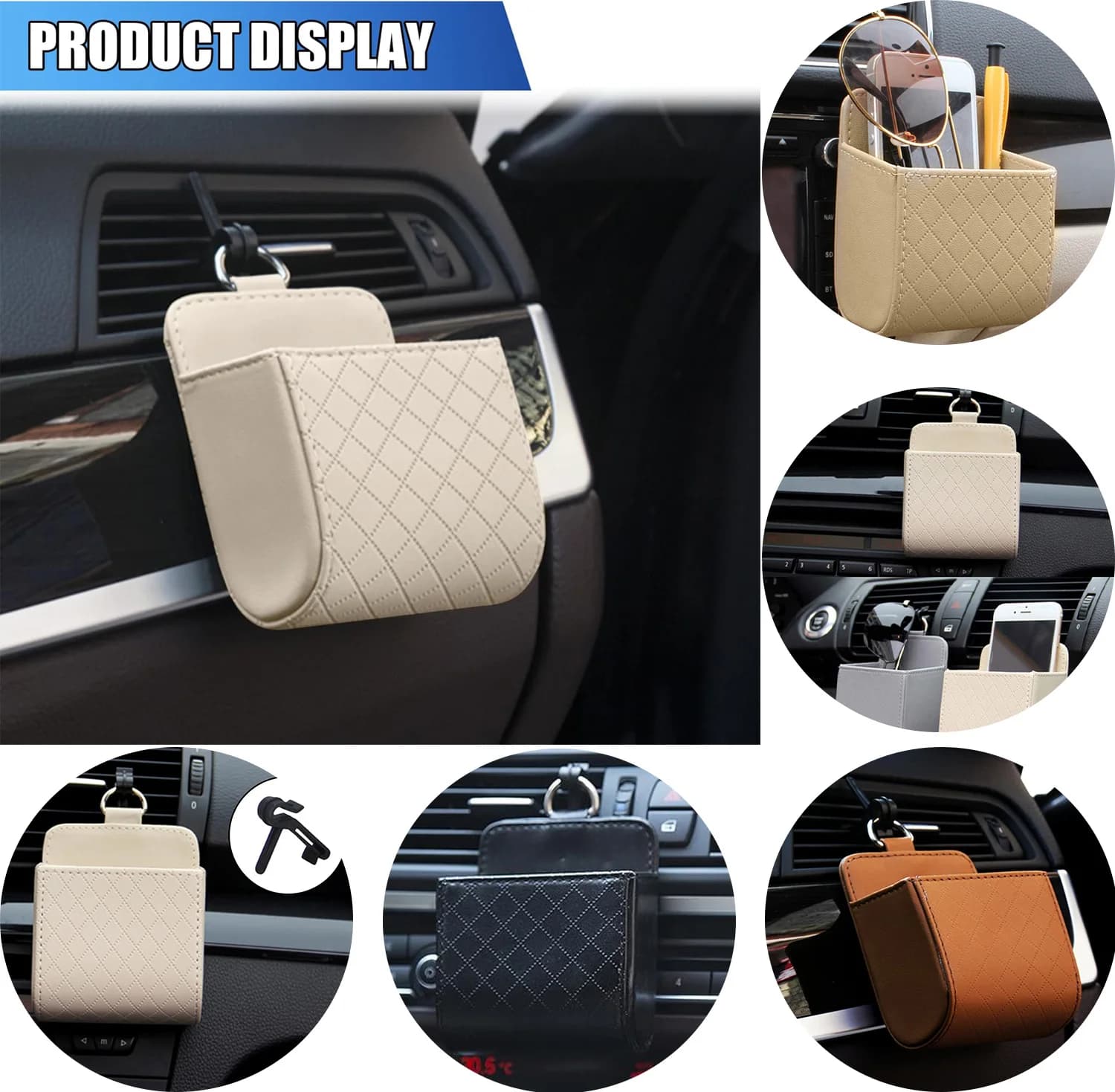Nuova borsa portaoggetti per auto Borsa per detriti per presa d'aria automatica per chiave del telefono cellulare Occhiali da sole Vent Cruscotto Tidy Scatola portaoggetti in pelle sospesa
