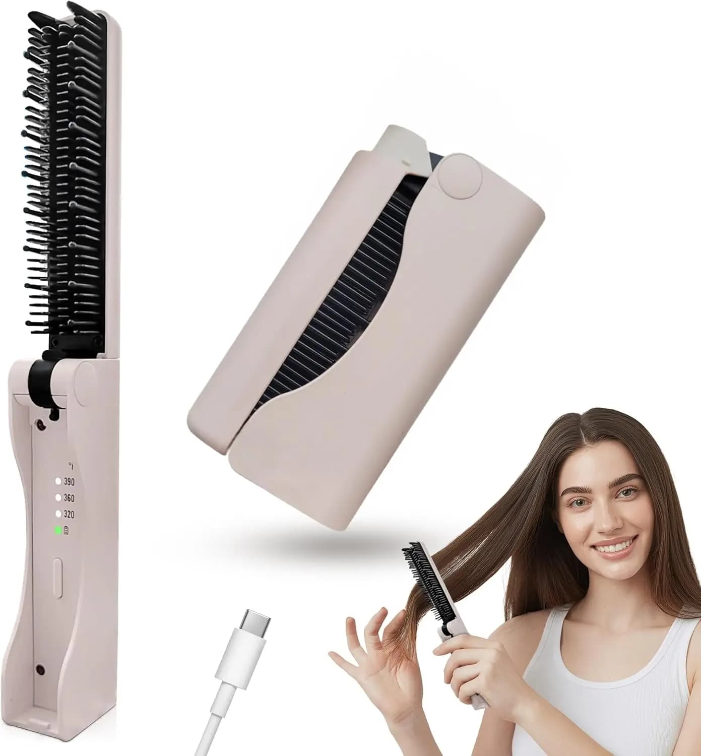Spazzola Lisciante per Capelli Pieghevole Senza Fili, Pronta per il Viaggio con Batteria Ricaricabile