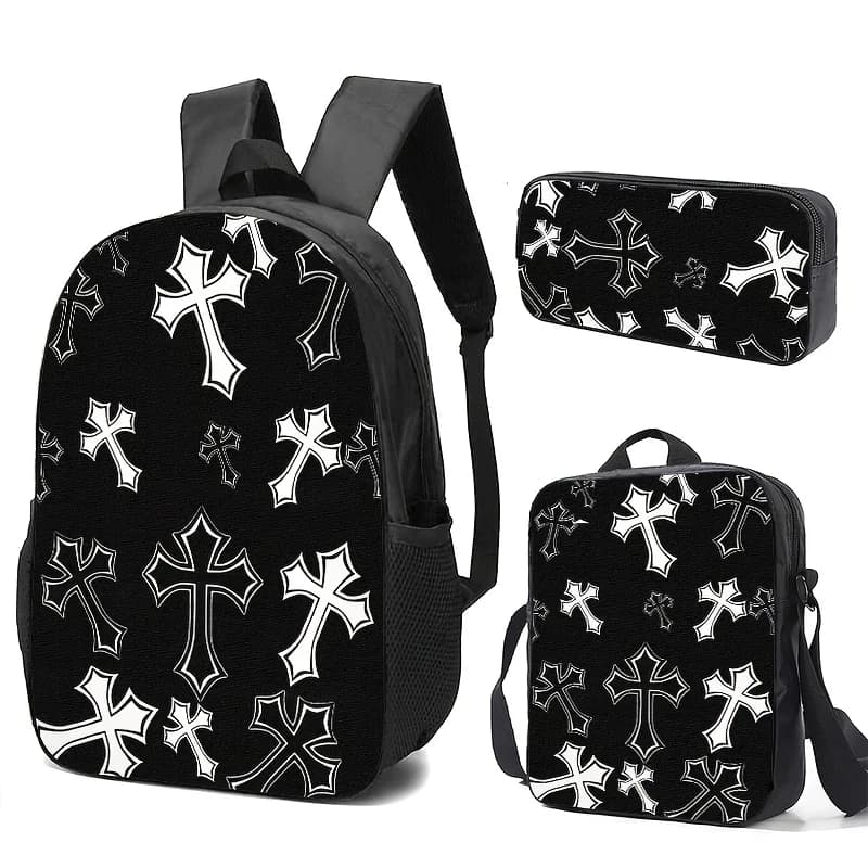 Black Cross-patterned Backpack, Pencil Case, and Tote Set with Durable Print, Adjustable Straps, Large Capacity for Daily Use