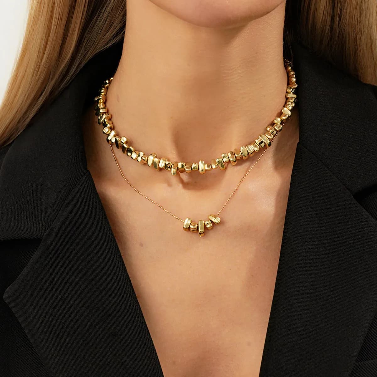 Collana alla moda con perline d'argento irregolari CCB, catena a doppio strato personalizzata in metallo impilato, collana a catena per clavicola