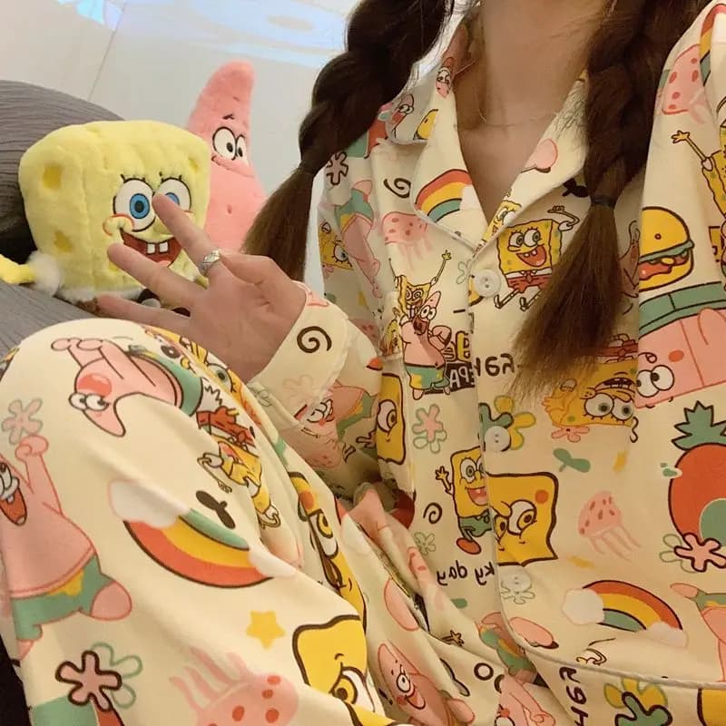 Cute SpongeBob Patrick Print Pajama Set Loose Long Sleeve Open‑Front 2‑Piece Outfit Sweet Cartoon Homewear for Daily Wear