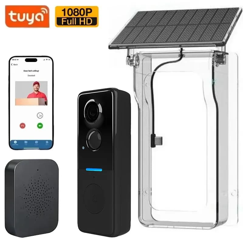 Campanello Wireless da Esterno Tuya con Copertura Solare, Videocitofono 1080P, Audio Bidirezionale, Rilevamento Movimento, Telecamera Spioncino Wi-Fi