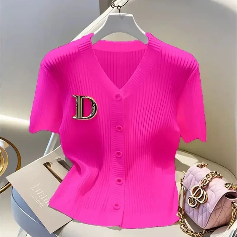 Cardigan da donna in maglia a maniche corte bianco tinta unita con scollo a V, stile semplice, per primavera estate