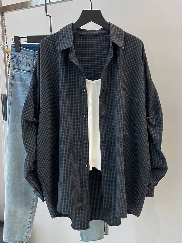 Loose Korean Style Lazy Plaid Shirt Jacket Women's plus Size Spring 2026 New Arrival Cover up Top Long Sleeve Collar