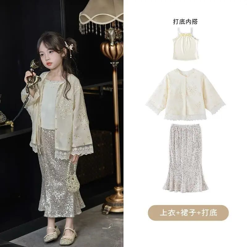 Abbigliamento per Bambini Nuovo Stile Set Due Pezzi per Ragazze con Ricami e Paillettes Moda Primaverile Design in Stile Cinese