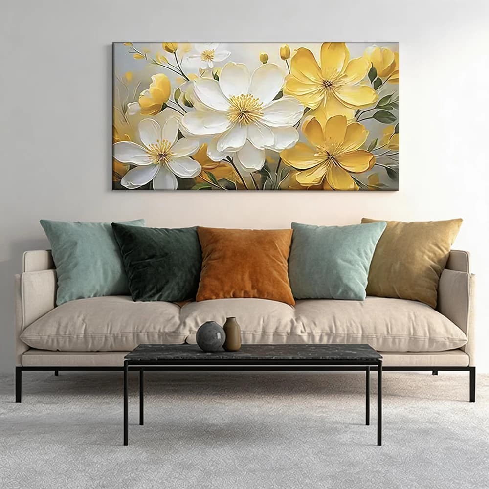 Dipinto decorativo su tela con cornice in legno, 3 pezzi. Bouquet di fiori bianchi e gialli. Decorazione per corridoio.