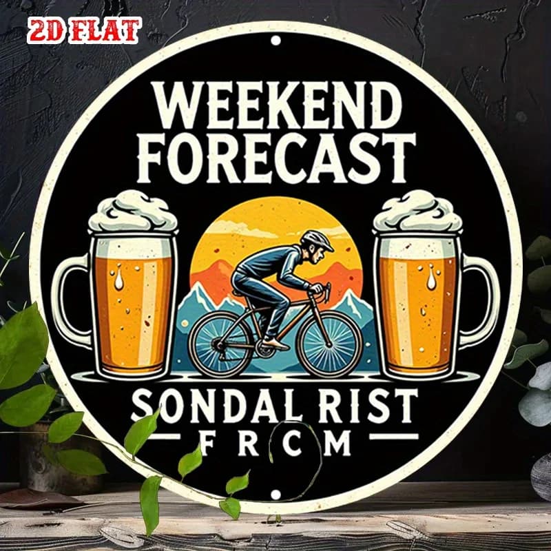 Insegna Rotonda in Alluminio 2D Piatta con Previsioni Meteo del Weekend, Decorazione Murale Rotonda a Forma di Boccale di Birra con Vista al Tramonto, Arte Rustica in Metallo per Parete, Tema Ciclismo
