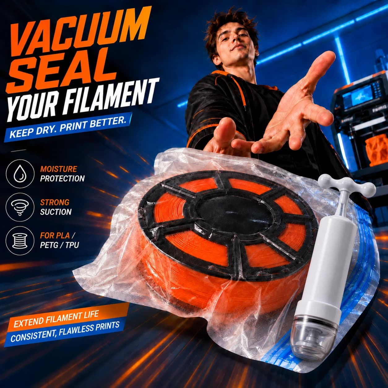 5Pcs Reusable Vacuum Storage Bags with Hand Pump Moisture Indicator Card Sealing Clip Kit Keep Dry Ziplock Bag for 3D Filament