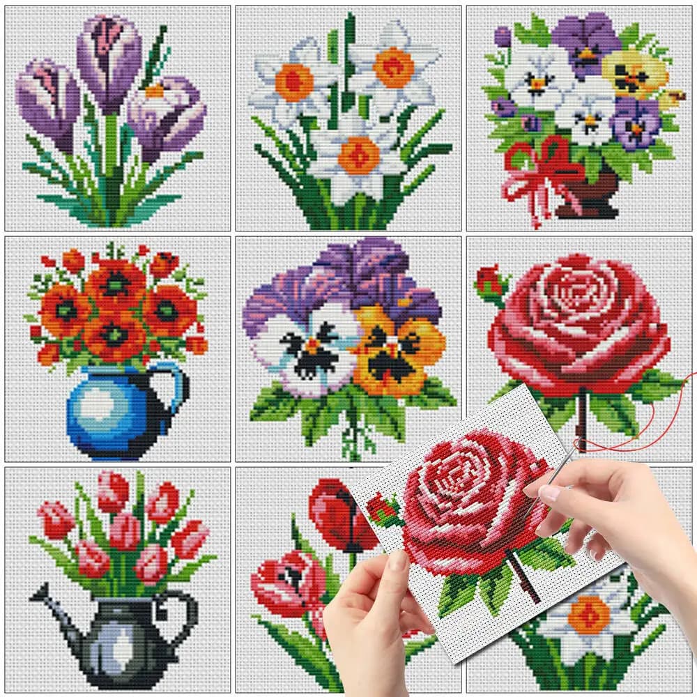 Evershine Set di 8 Mini Vasi con Motivi Floreali per Punto Croce, Tela Stampata Senza Cornice, Nuovo Arrivo, Design con Rose e Gigli, Regalo per Bambini