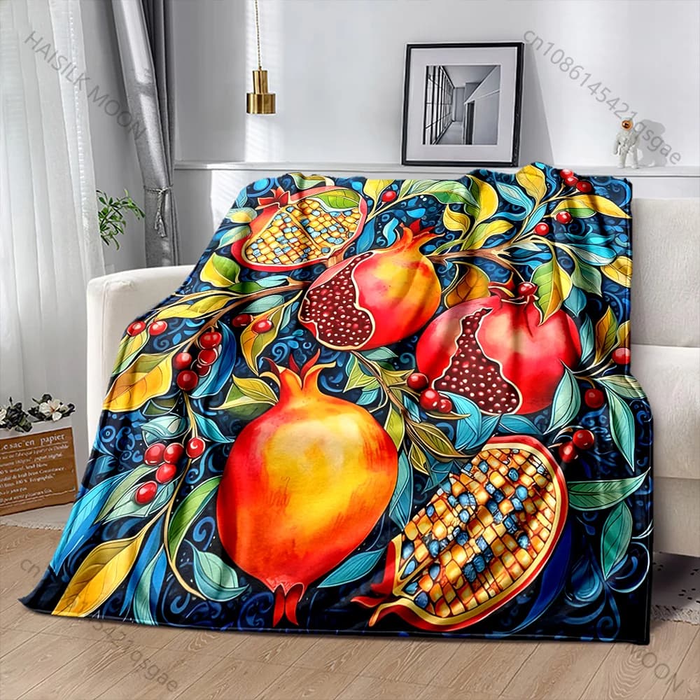 Coperta con stampa melograno stile pittura a olio, materiale in flanella morbido e caldo per tutte le stagioni, picnic da campeggio all'aperto per la casa