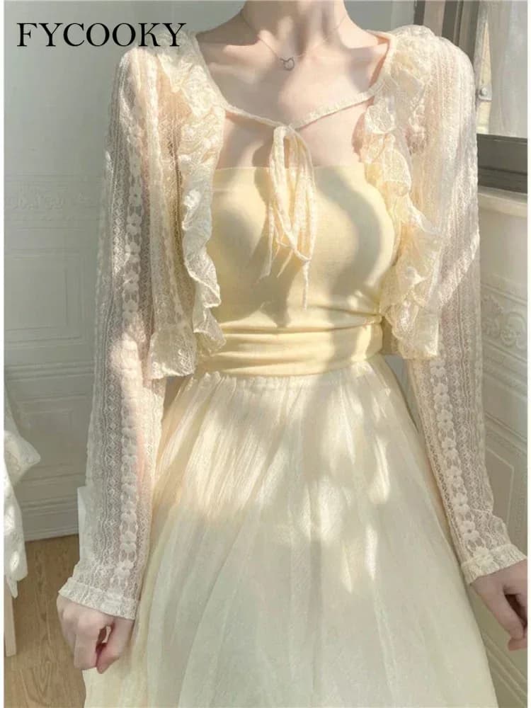 Women's cardigan with lace belt summer fashion korean V neck long sleeve short top sweet women's slim protective jacket