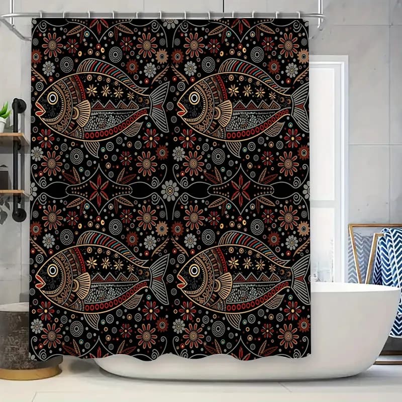 Tenda da doccia artistica con stampa di pesci Fodera per tappetino da bagno impermeabile decorativa floreale nera per l'arredamento del bagno Decorazione della casa