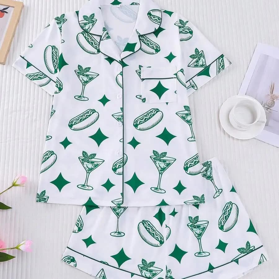 Women Pajama Set Short Sleeve Sleepwear With Hot Dog And Cocktail Print Loose Fit Spring Summer