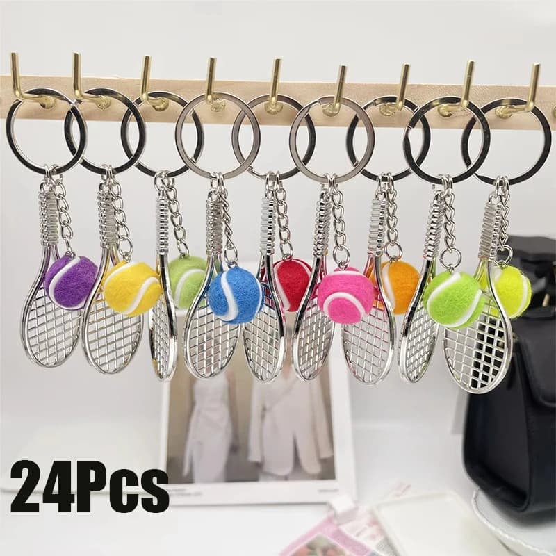 24Pcs Metal Tennis Racquet Key Chain Cute Tennis Ball Charm Keyring Sports Souvenir Gift