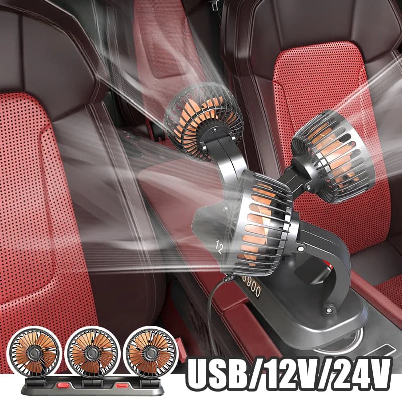 Ventola per auto Ventola elettrica per auto di raffreddamento 360 ° Ventola USB/12V/24V regolabile a 3 teste a 2 velocità ​ ​ Dispositivo di raffreddamento silenzioso per cruscotto RV Truck SUV