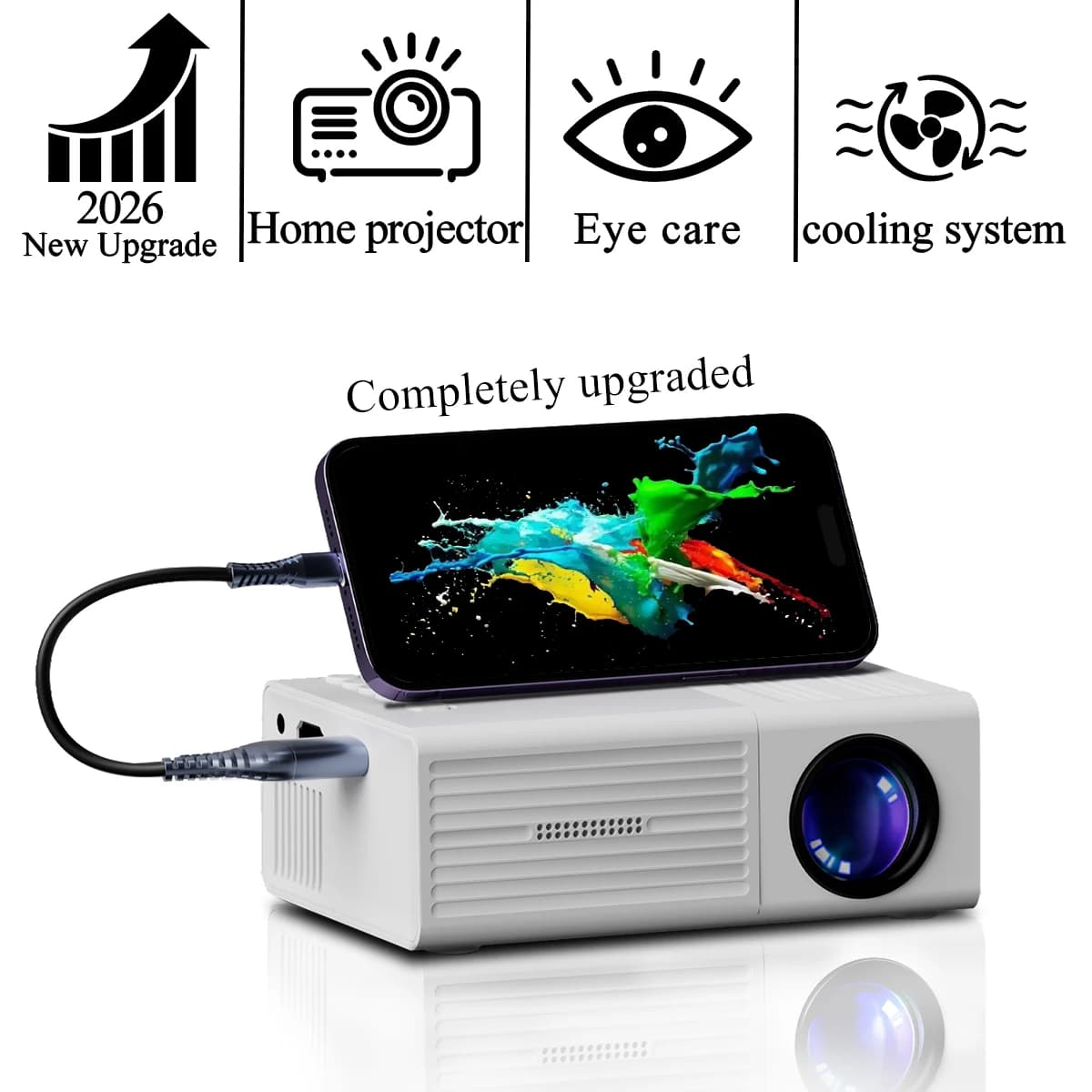 Mini Proiettore 2026, Proiettore Home Theater, Mini Proiettore da Esterno, Compatibile con iOS/ TV Stick/ USB/ Laptop e Altri Dispositivi.
