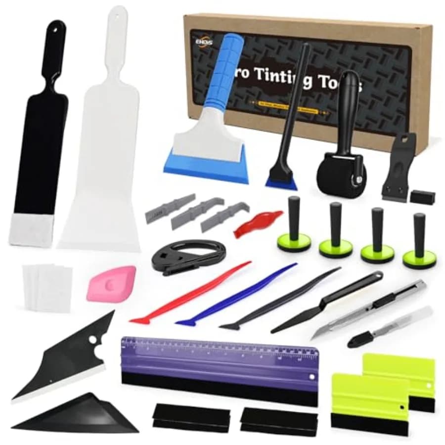 Kit Attrezzi per Applicazione Pellicole in Vinile con Squeegee a Bulldozer, Raschietto per Pellicole Oscuranti Parabrezza Posteriore, Supporto Magnetico, Bastone per Applicazione, Taglierina per Pellicole