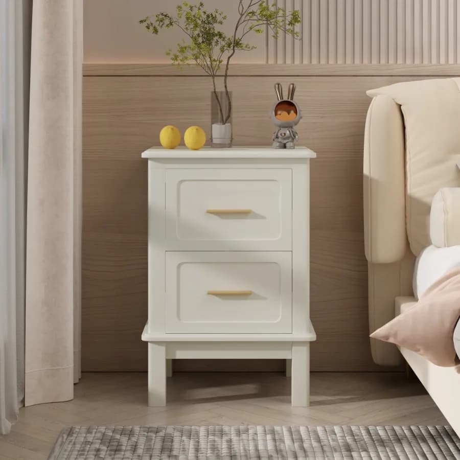 Misty 16" Modern 2-Drawer Nightstand with Gold Handles Sturdy Accent Table for Small Spaces Cream White