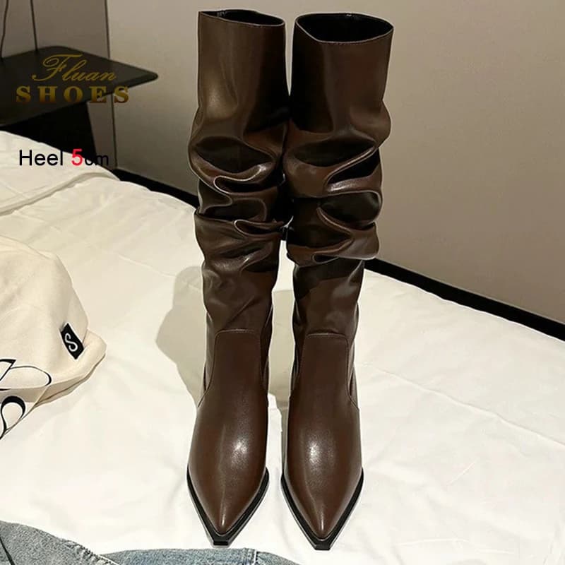2025 Autumn Winter Retro Dark Brown Women's Knight Boots Thin High Heels 5 cm Knee Boots Round Head Women's Shoes Size 40