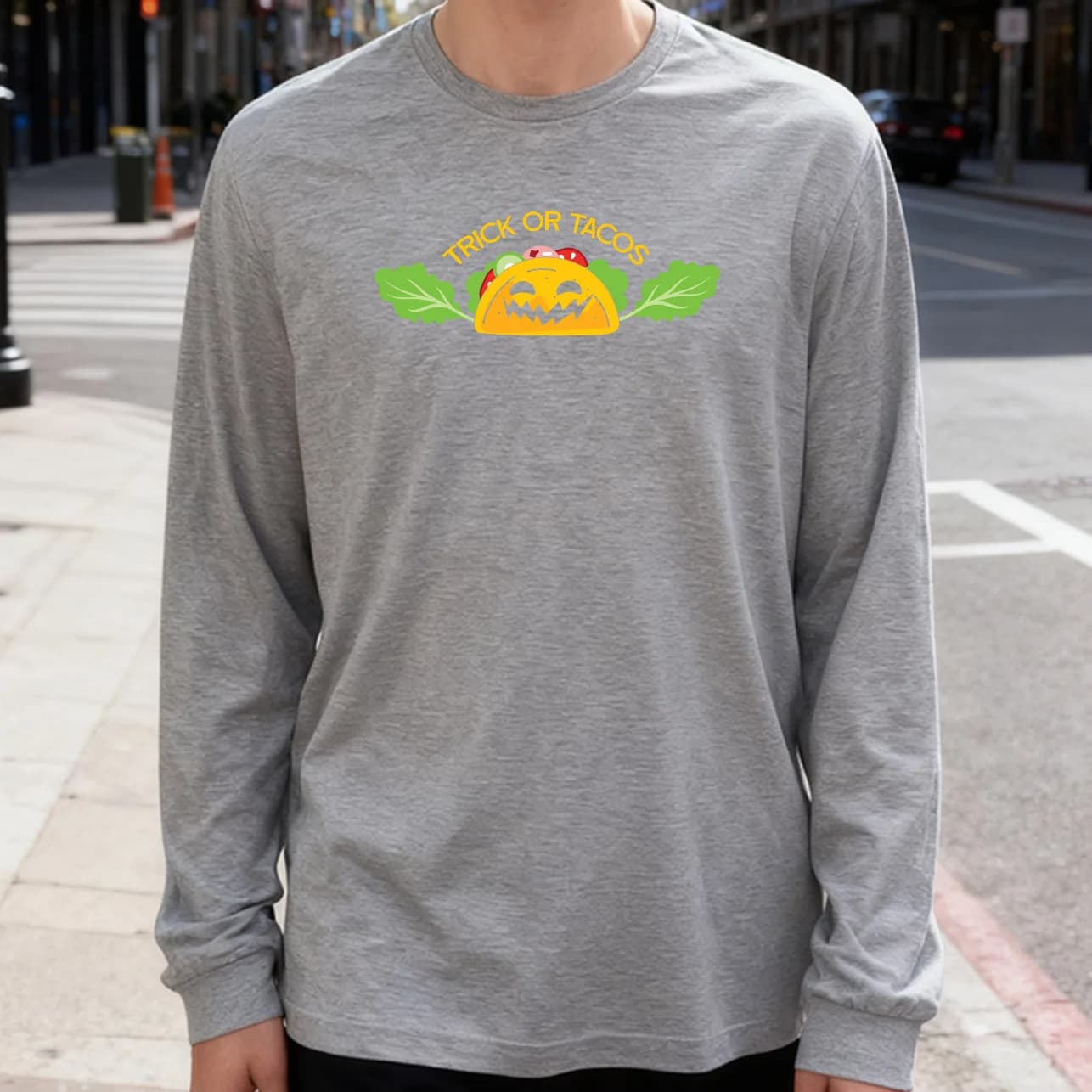 Men's Trick or Tacos 180g Long Sleeved T-shirt 100% cotton casual printed crew neck to wear every day soft and breathable
