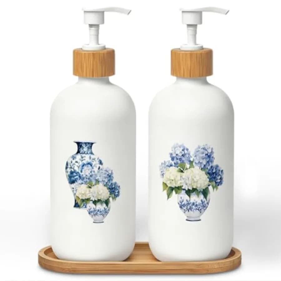 Set Dispenser Sapone Mani e Piatti in Porcellana Blu e Bianca con Ortensie, Dispenser Sapone in Vetro Floreale Chinoiserie, Collezione Grandmillennial