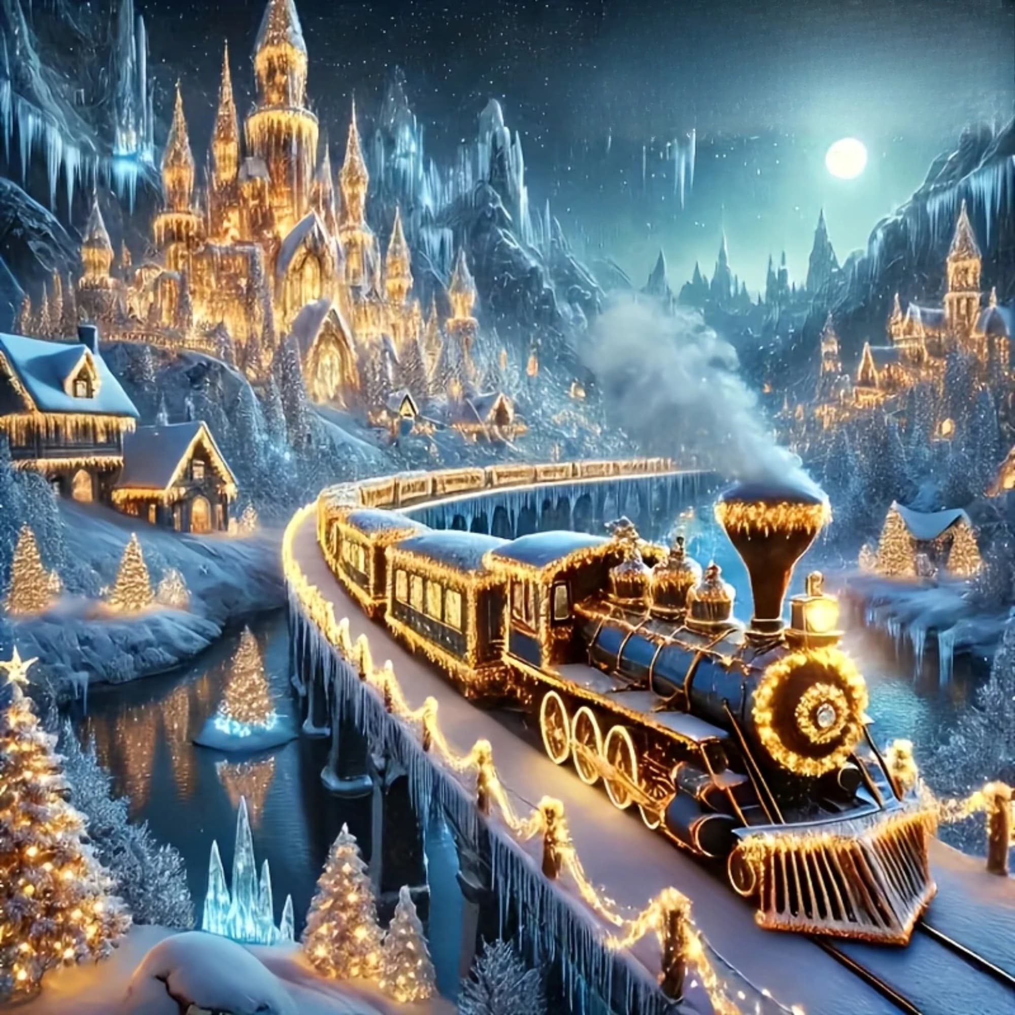 1 set di kit per pittura con diamanti - Scena notturna magica natalizia in un paesaggio invernale con luci scintillanti, villaggio innevato, castello di ghiaccio