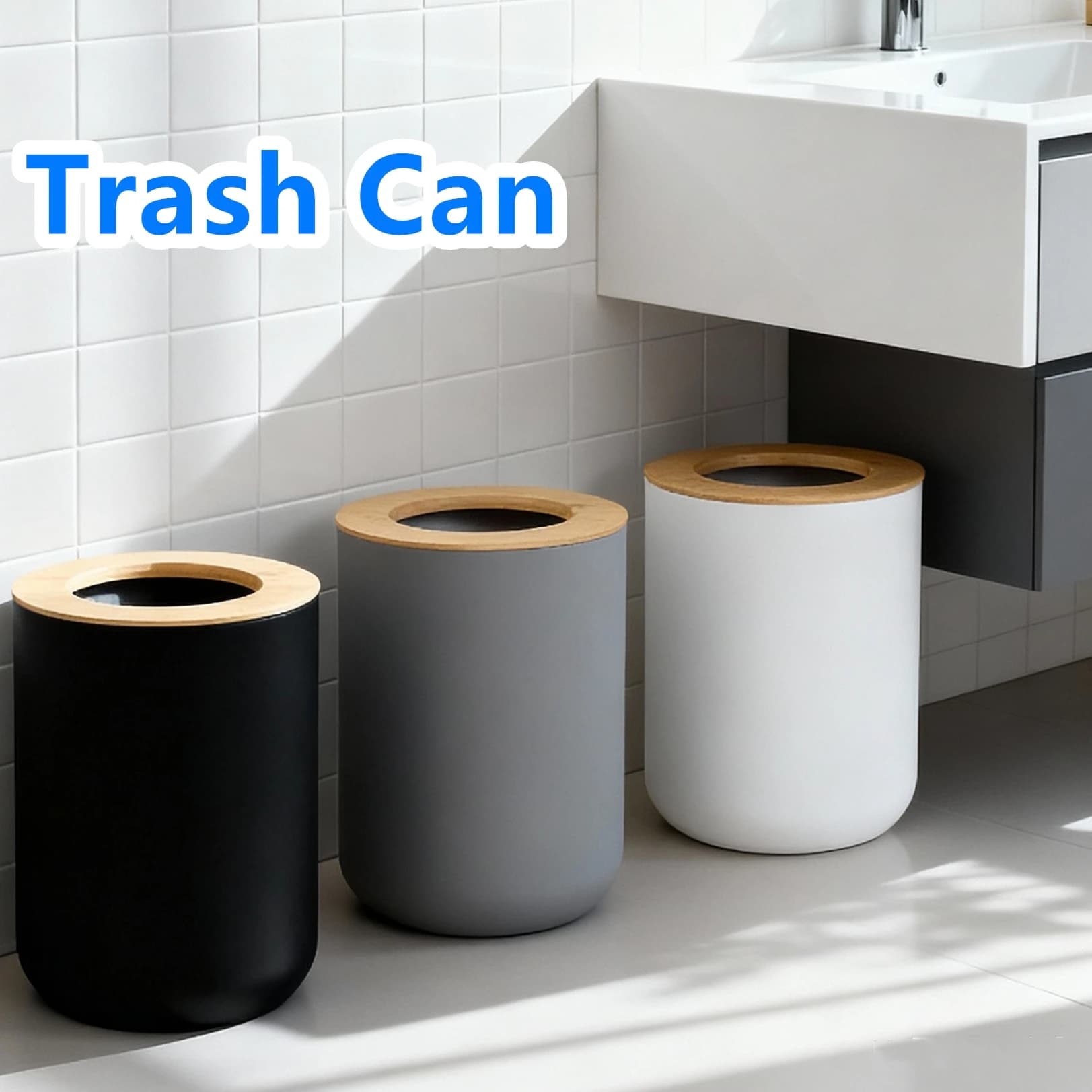 Bidone della spazzatura moderno Bidone della spazzatura in plastica nera per cucina Bagno Spazio di lavoro Scatola di immagazzinaggio creativa Toilette Casa Bianco Grigio