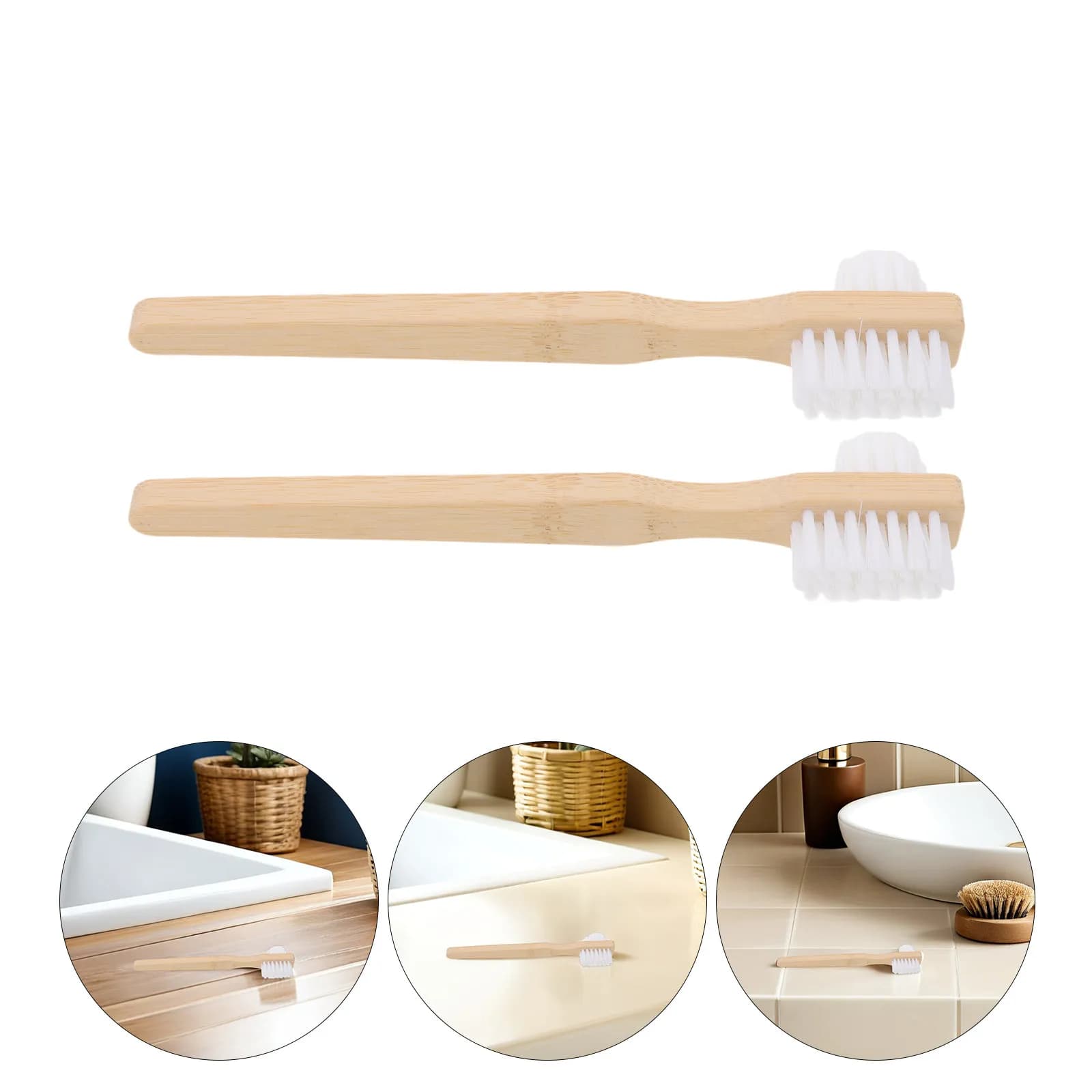 8Pcs Nylon Medium Denture Brush Ergonomic Bamboo Handle Double Sided Angled Heads Daily Oral Appliance Cleaning Tool Travel