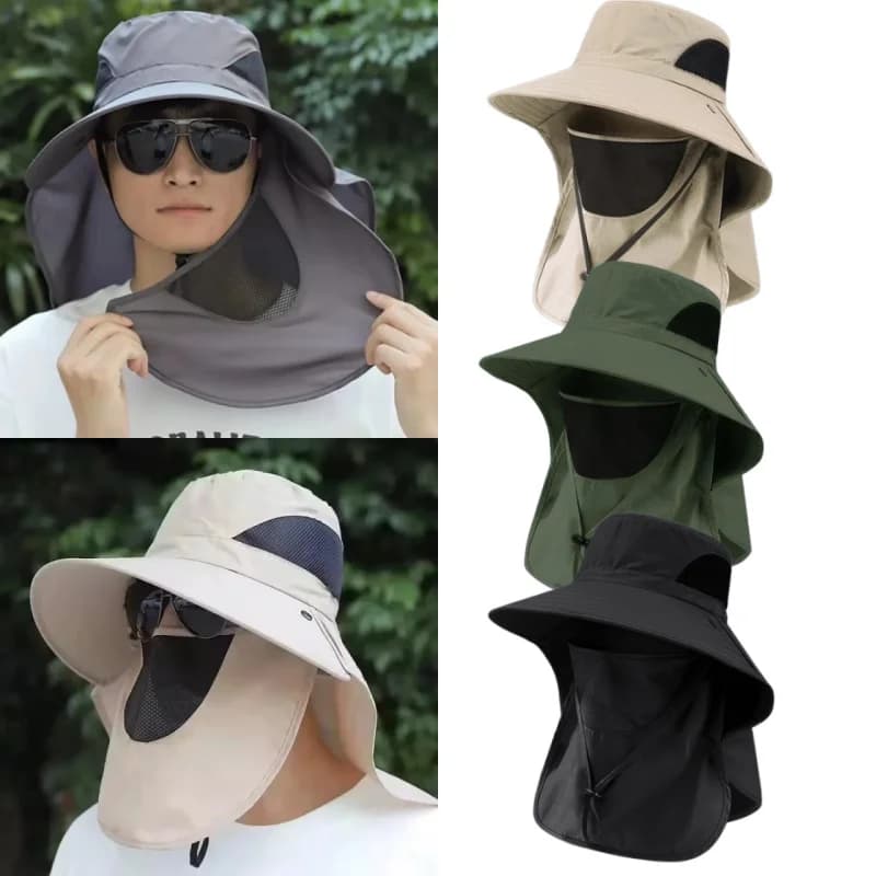 Cappello da pesca da pescatore con cappuccio da spiaggia per escursionismo da surf all'aperto con patta per il collo da donna e da uomo, cappello da pescatore a tesa larga