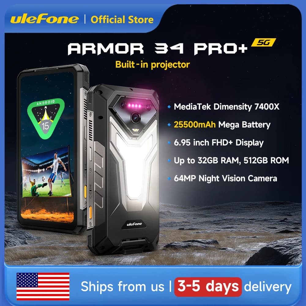 Ulefone Armor 34 Pro Plus 5G AI Telefono robusto 6.95" 25500mAh 32GB + 512GB Proiettore incorporato 120Hz NFC Dimensity 7400X Smartphone