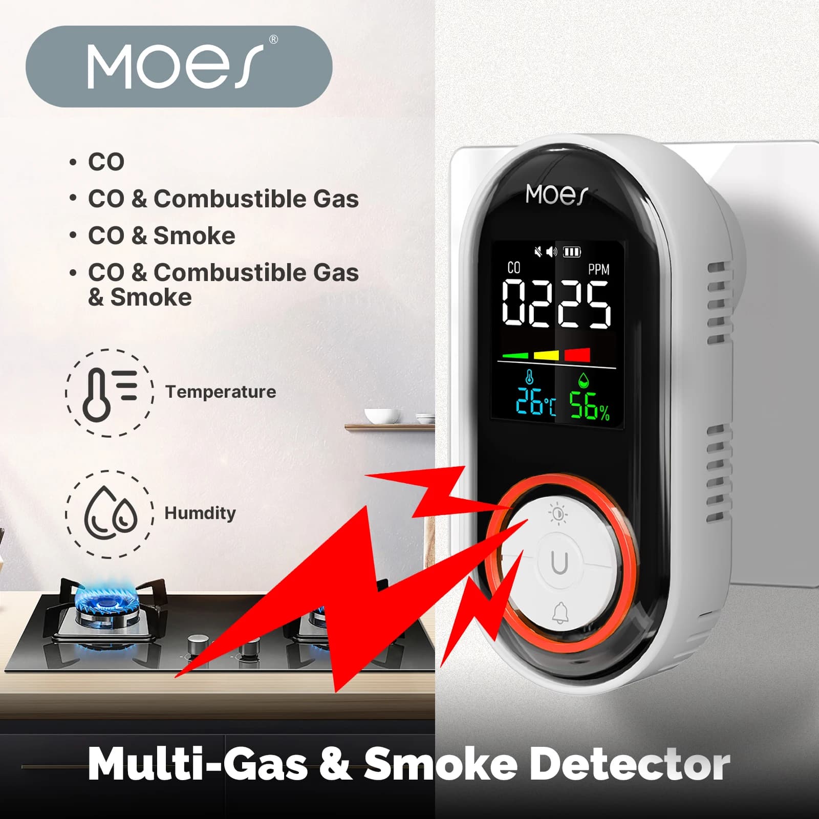 Smart 4 in 1 Smoke Carbon Monoxide Combustible Gas Temp Humidity Sensor Detector, Gas Leak CO Smoke Alarm Monitor for Kitchen Ga