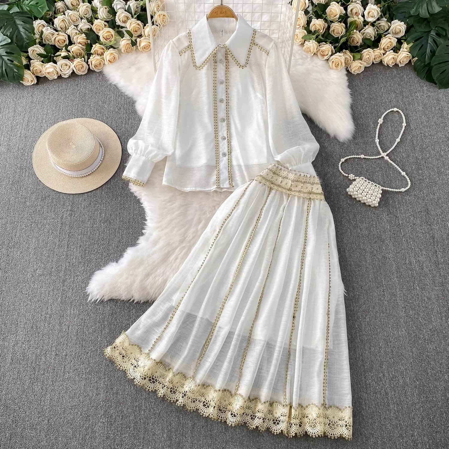 Stylish Shirt Gonna Long Sleeve Long Sleeve T-shirt with Lace Joint High waist Pleated skirts 2025 Women's summer chic office set