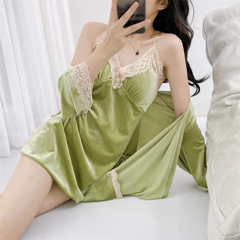 Della cinghia di Spaghetti Autunno Inverno Caldo Camicia Da Notte Vestito Della Signora Backless Velluto 2 Pezzi Sexy Con Scollo A V Sling Robe Set Lungo Kimono Accappatoio Abito