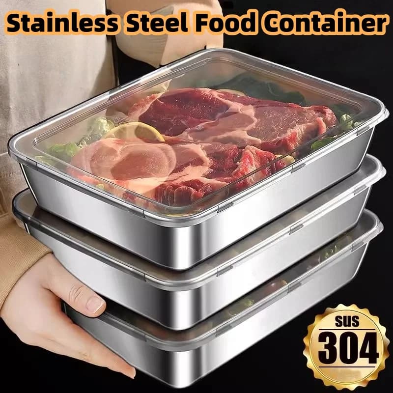 Set di 3 Contenitori per Alimenti in Acciaio Inox - Ermetici e Impilabili con Coperchi Trasparenti | Contenitore Ermetico per Alimenti per Campeggio, Casa e Preparazione Pasti