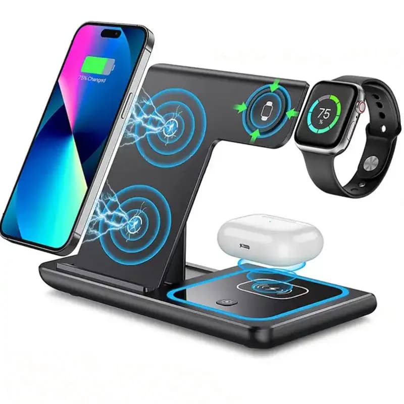 Supporto per caricabatterie wireless veloce a LED Stazione di ricarica pieghevole 3 in 1 per iPhone 17 16 15 14Apple Watch 9 8 7 6 5 Airpods Pro