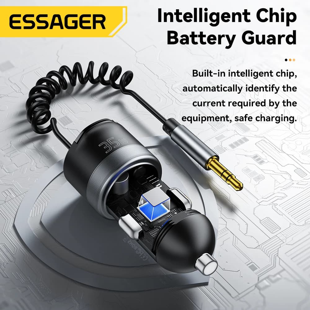 Essager Bluetooth 5.3 Car Charger PD 35W Fast Charge 3.5mm AUX Cable Adapter for iPhone 16 Samsung Huawei Dual Port Car Charger