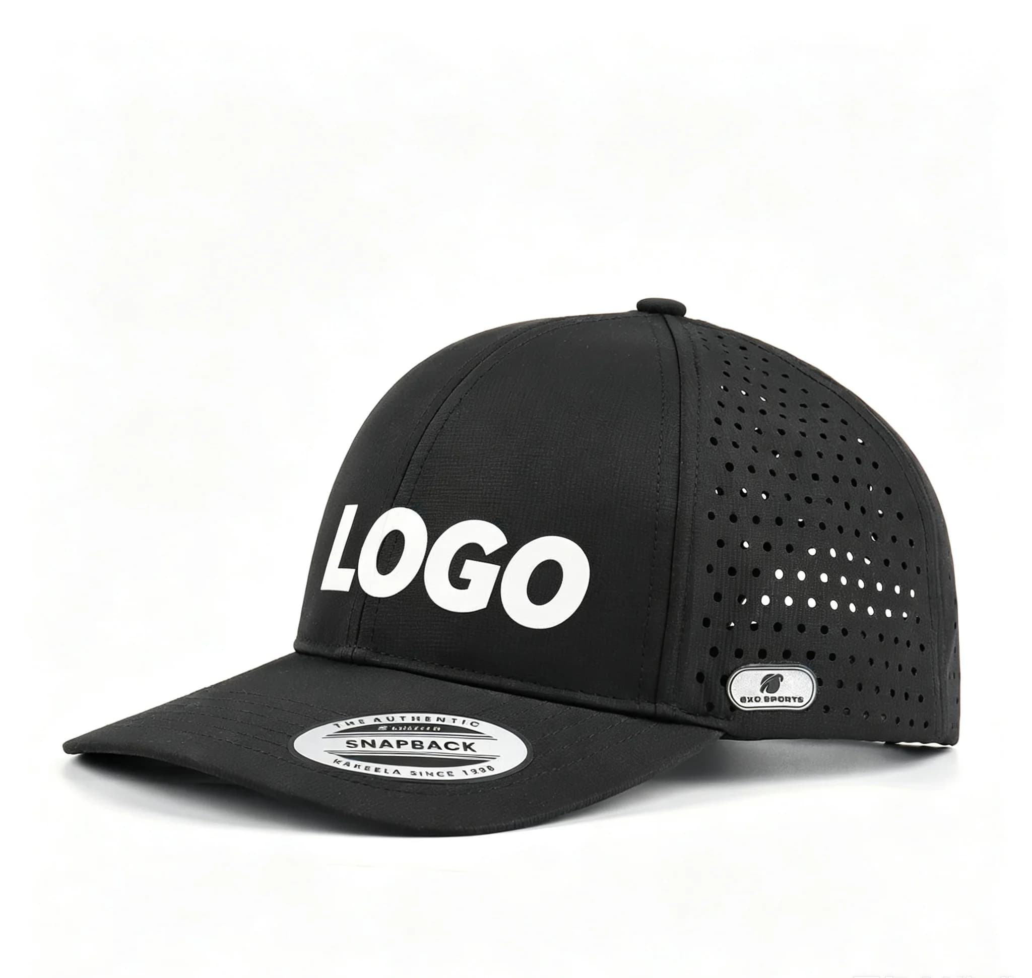 Custom OEM 6 Panel Golf Cap Waterproof Laser Perforated Hole Baseball Hat with Rubber Patch Lightweight Outdoor Sport Cap