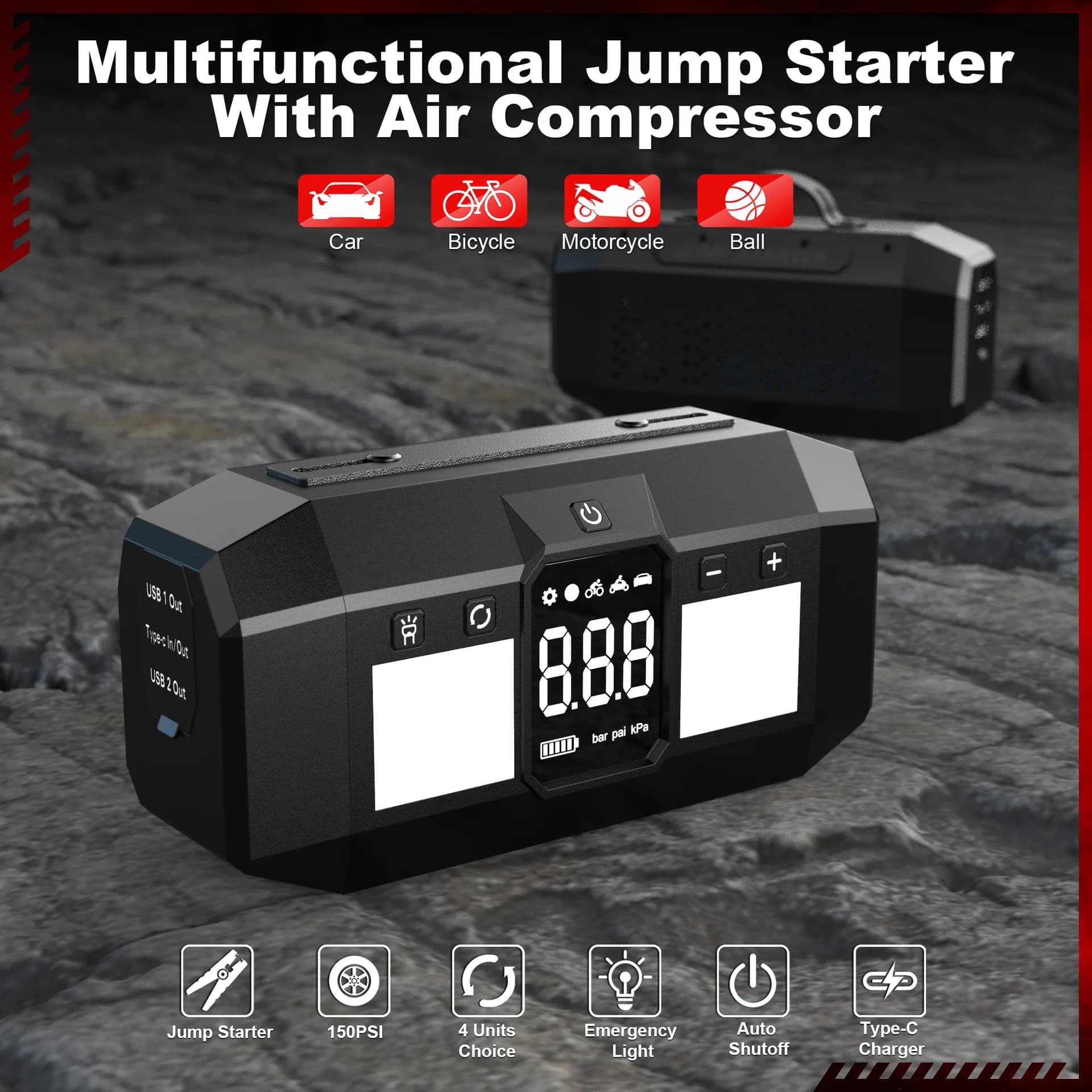 Avviatore d'Emergenza per Auto 12V con Compressore d'Aria Tutto-in-Uno, Gonfiatore Digitale per Pneumatici, Luce LED, Power Bank di Emergenza per Auto