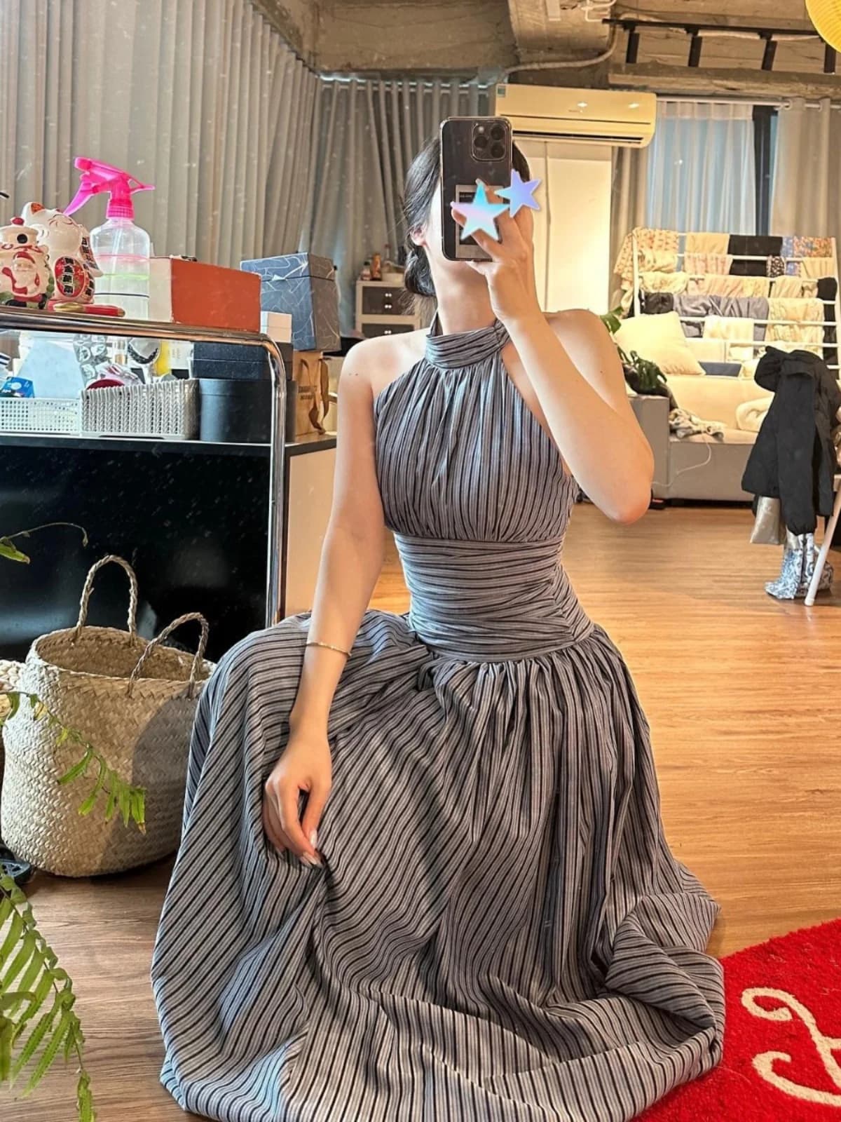Summer Slimming Black White Striped A-Line Long Dress Women's Fashionable Belted Halter Neck Gown for Holiday And Party
