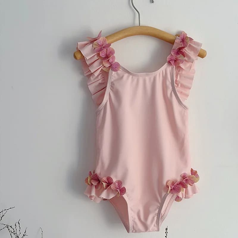 2026 Summer Sweet 24M-7T Children's Swimsuit For Girl Solid Flower Kids Swimwear Water Sport Baby Clothes Bathing Suit