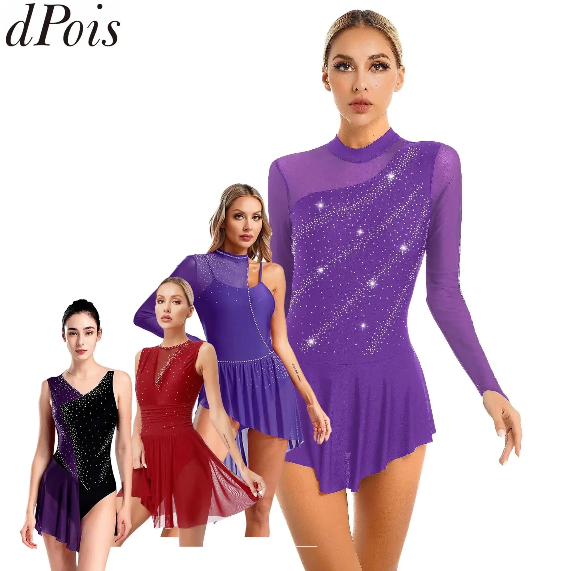 Costume da pattinaggio su ghiaccio con strass da donna, manica lunga, giuntura in rete, balletto, ginnastica, body, competizione teatrale, costume da ballo