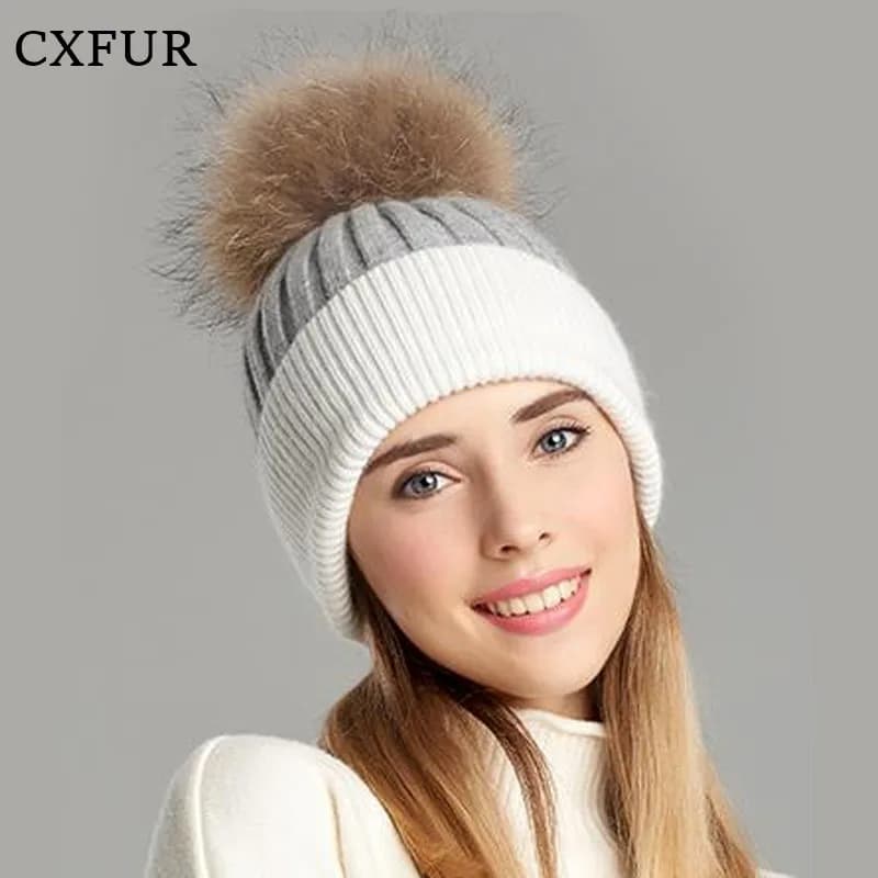 Cappello lavorato a maglia da donna elegante in lana da esterno con pompon in vera pelliccia CX-C-45