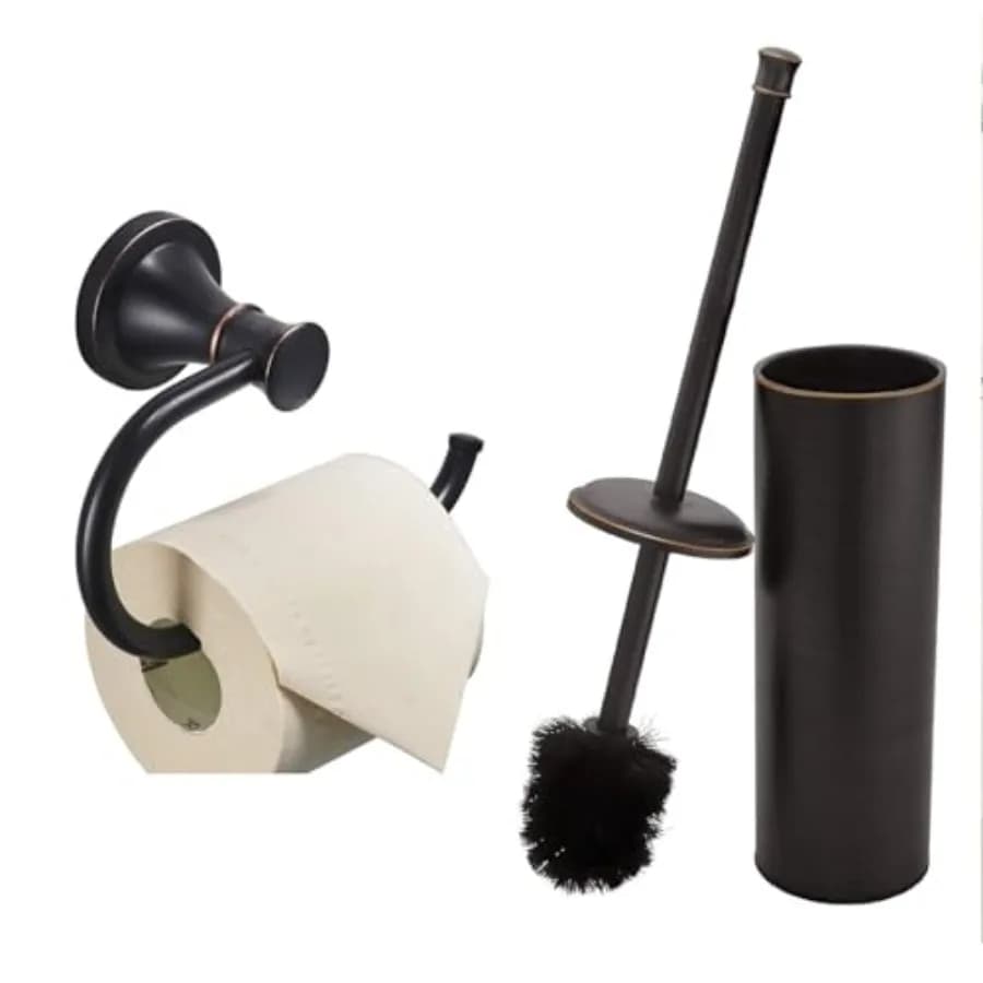 Set di Accessori per Bagno in Bronzo Oliato: Porta Carta Igienica, Scopino e Porta Scopino, Set per Pulizia WC con Due Spazzole