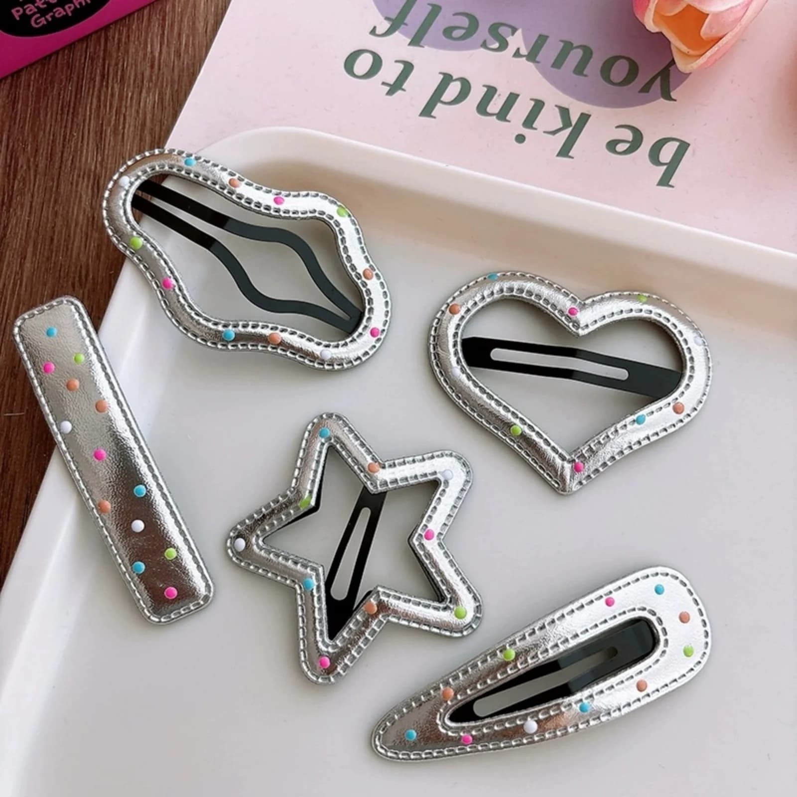 5Pcs Silver Glitter Hair Clips Set with Star, Heart, and Bar Shapes, Cute&Sparkly Hair Accessories Perfect for Girls' Stylish