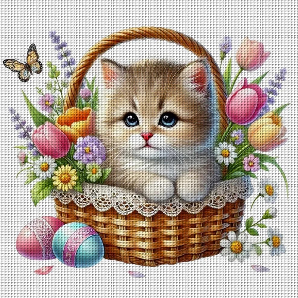 Kit Punto Croce Gattino Primaverile Fai da Te 11CT Ricamo Decorazione Murale Casa Regalo Materiale Artigianale Senza Cornice Semilavorato 36×36cm