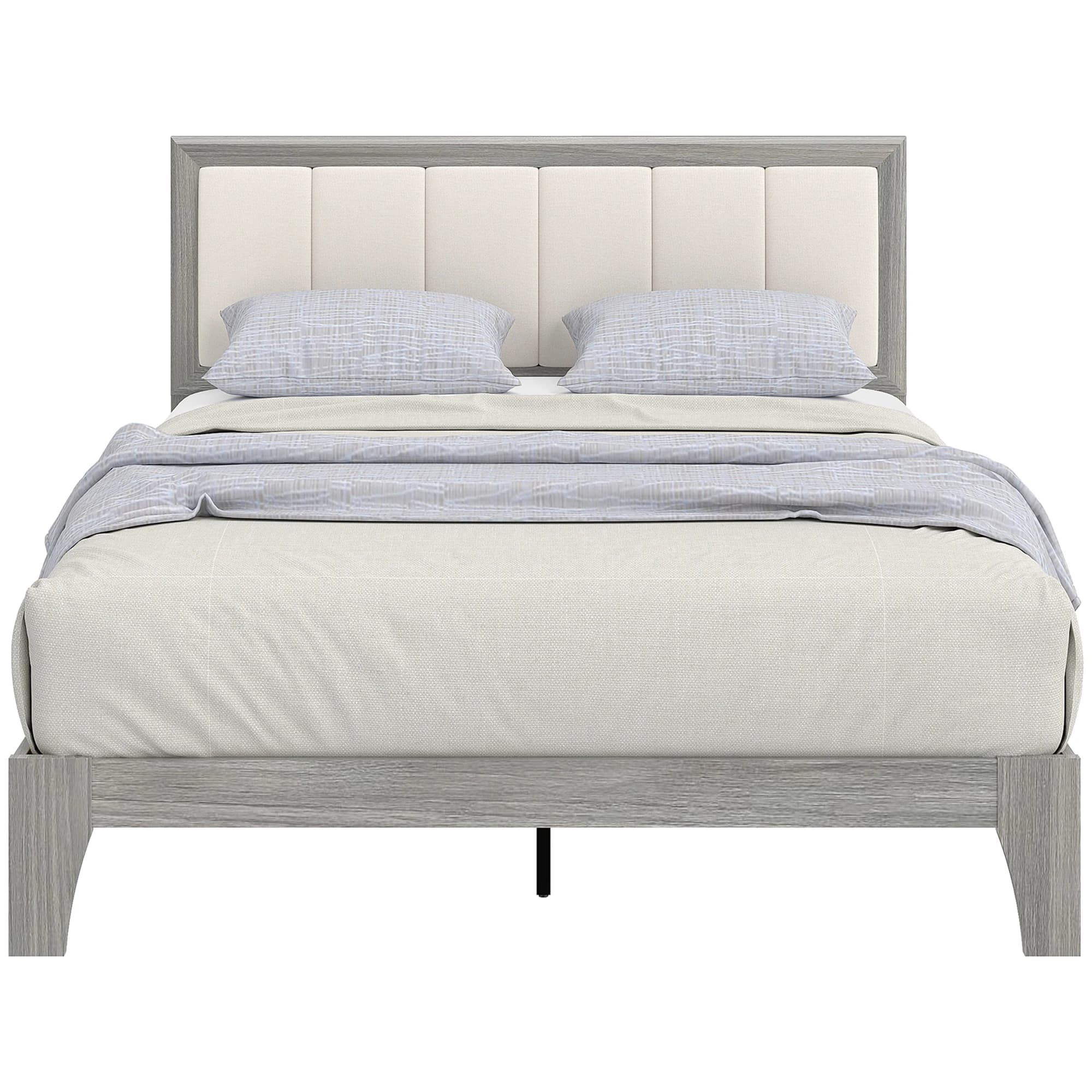 HOMCOM Full Size Bed Frame with Upholstered Headboard, Platform Bed Frame with Wooden Slats, No Box Spring Needed, Easy Assembly, Gray