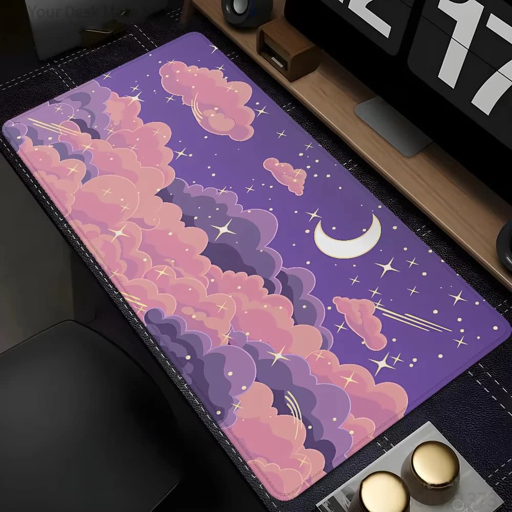 Tappetino per mouse da gioco Purple Pink Cloud Moon, tappetino da scrivania impermeabile e antiscivolo