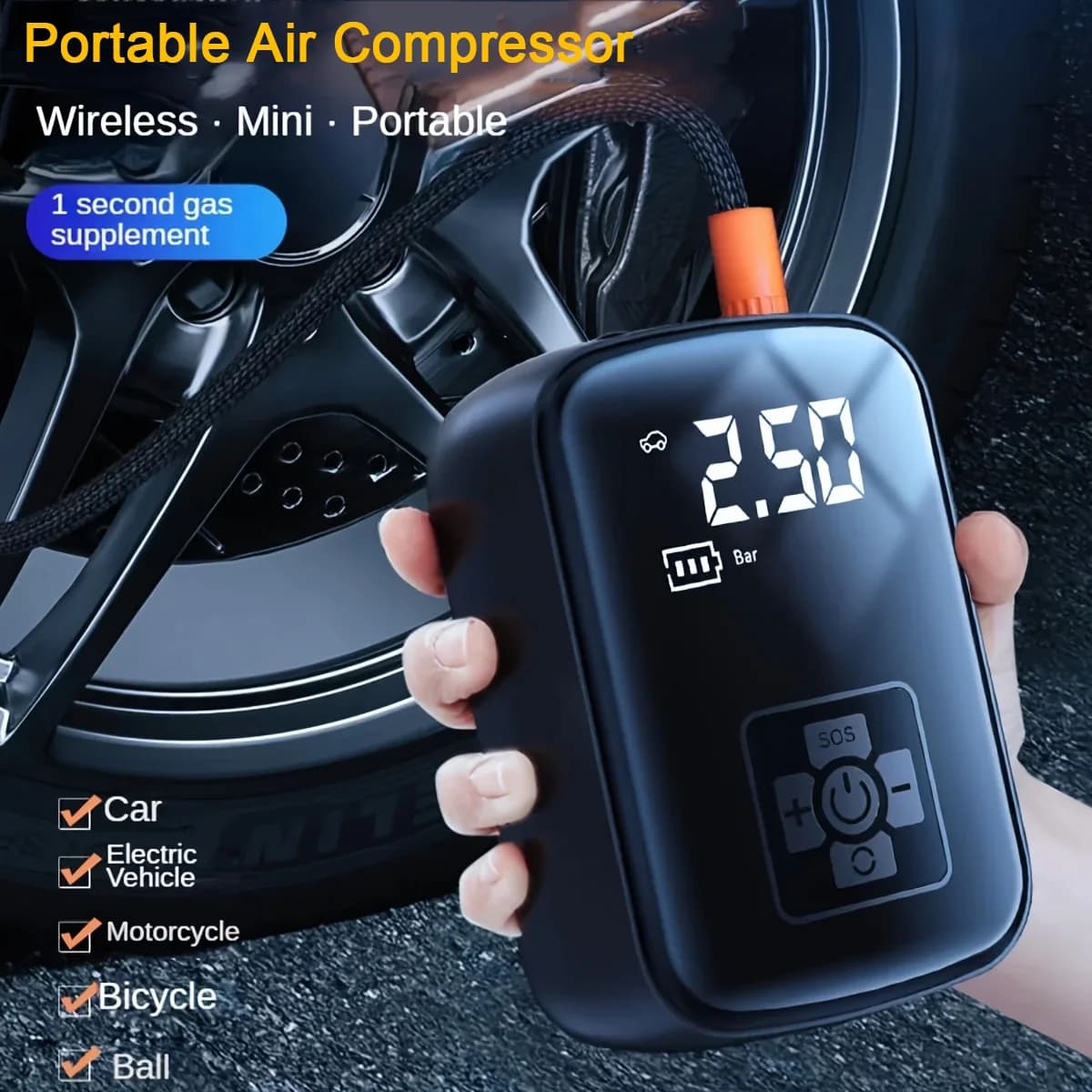 Compressore d'aria portatile da 150 PSI, gonfiatore per pneumatici senza fili con luce LED, pompa elettrica per pneumatici e palloni